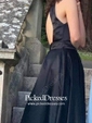 Princess High Neck Sweep Train Satin Ruffles Prom Dresses