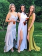 Summer A-line Halter Chiffon Floor-length Split Front Backless Bridesmaid Dresses