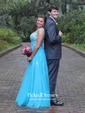 Different Princess V-neck Tulle Beading Backless Prom Dresses