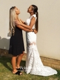 Newest Trumpet/Mermaid Scoop Neck Ivory Tulle Appliques Lace Sweep Train Open Back Prom Dresses