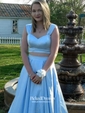 A-line V-neck Satin with Ruffles Floor-length Blue Two Piece Different Prom Dresses