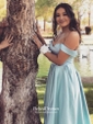 A-line V-neck Satin with Ruffles Floor-length Blue Two Piece Different Prom Dresses