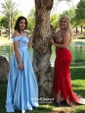 A-line V-neck Satin with Ruffles Floor-length Blue Two Piece Different Prom Dresses