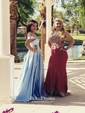 A-line V-neck Satin with Ruffles Floor-length Blue Two Piece Different Prom Dresses