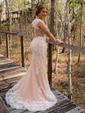 Pretty Champagne Trumpet/Mermaid Scoop Neck Tulle Appliques Lace Sweep Train Open Back Prom Dresses