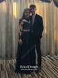 New Two Piece A-line Scoop Neck Black Satin Tulle Appliques Lace Floor-length Long Sleeve Prom Dresses