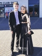 New Two Piece A-line Scoop Neck Black Satin Tulle Appliques Lace Floor-length Long Sleeve Prom Dresses