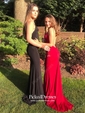 Sheath/Column V-neck Ruffles Jersey Sweep Train Burgundy Backless Hot Prom Dresses