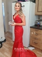 Red Trumpet/Mermaid V-neck with Appliques Lace Sweep Train Popular Prom Dresses