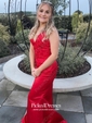 Red Trumpet/Mermaid V-neck with Appliques Lace Sweep Train Popular Prom Dresses