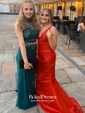 Red Trumpet/Mermaid V-neck with Appliques Lace Sweep Train Popular Prom Dresses