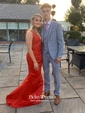 Red Trumpet/Mermaid V-neck with Appliques Lace Sweep Train Popular Prom Dresses