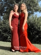 Red Trumpet/Mermaid V-neck with Appliques Lace Sweep Train Popular Prom Dresses