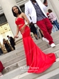 Trumpet/Mermaid Sweetheart Red Stretch Crepe with Ruffles Sweep Train Exclusive Backless Prom Dresses