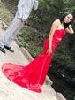 Trumpet/Mermaid Sweetheart Red Stretch Crepe with Ruffles Sweep Train Exclusive Backless Prom Dresses