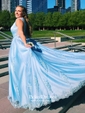 A-line V-neck Floor-length Tulle with Beading Prom Dresses