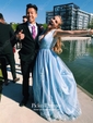 A-line V-neck Floor-length Tulle with Beading Prom Dresses