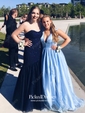 A-line V-neck Floor-length Tulle with Beading Prom Dresses
