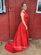 Princess Scoop Neck Floor-length Satin Beading Prom Dresses