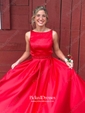 Princess Scoop Neck Floor-length Satin Beading Prom Dresses