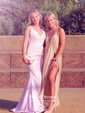 Trumpet/Mermaid V-neck Silk-like Satin Sweep Train Appliques Lace Bridesmaid Dresses