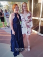 A-line Scoop Neck Sweep Train Chiffon Appliques Lace Prom Dresses