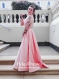 A-line Halter Sweep Train Satin Beading Prom Dresses