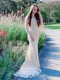 Scoop Neck Tulle Appliques Lace Sweep Train Trumpet/Mermaid 1/2 Sleeve Backless Elegant Prom Dresses