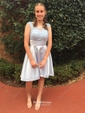 A-line Scoop Neck Satin Asymmetrical Appliques Lace Short Prom Dresses
