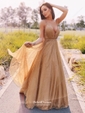 A-line V-neck Sweep Train Glitter Prom Dresses