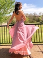 A-line V-neck Sweep Train Shimmer Crepe Pockets Prom Dresses