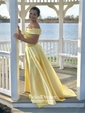 Princess Off-the-shoulder Sweep Train Satin Pockets Prom Dresses