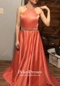 A-line Halter Sweep Train Satin Beading Prom Dresses