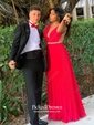 A-line V-neck Chiffon Tulle Floor-length Affordable Prom Dresses