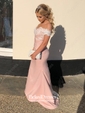 Trumpet/Mermaid Off-the-shoulder Tulle Silk-like Satin Sweep Train Appliques Lace Backless Latest Bridesmaid Dresses