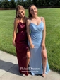 Sheath/Column V-neck Sweep Train Jersey Ruffles Prom Dresses