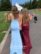 Sheath/Column V-neck Sweep Train Jersey Ruffles Prom Dresses