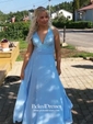 A-line V-neck Sweep Train Chiffon Split Front Prom Dresses