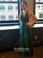 A-line V-neck Floor-length Satin Bow Prom Dresses