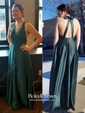 A-line V-neck Floor-length Satin Bow Prom Dresses