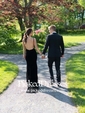 Sheath/Column V-neck Sweep Train Velvet Prom Dresses