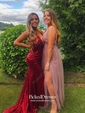 Trumpet/Mermaid V-neck Burgundy Sequined Sweep Train Prom Dress