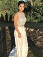 A-line Scoop Neck Satin Floor-length Beading Prom Dresses