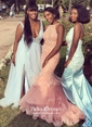 Trumpet/Mermaid V-neck Silk-like Satin Sweep Train Appliques Lace Bridesmaid Dresses