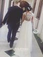 Fabulous A-line Scoop Neck Chiffon Tulle Appliques Lace Sweep Train Short Sleeve Wedding Dress