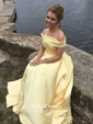 Princess Off-the-shoulder Sweep Train Satin Pockets Prom Dresses