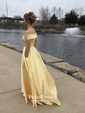 Princess Off-the-shoulder Sweep Train Satin Pockets Prom Dresses