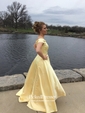 Princess Off-the-shoulder Sweep Train Satin Pockets Prom Dresses