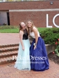 Fashion Two Piece Square Neck Satin with Appliques Lace Open Back Prom Dress