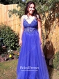 Princess V-neck Floor-length Tulle Beading Prom Dresses